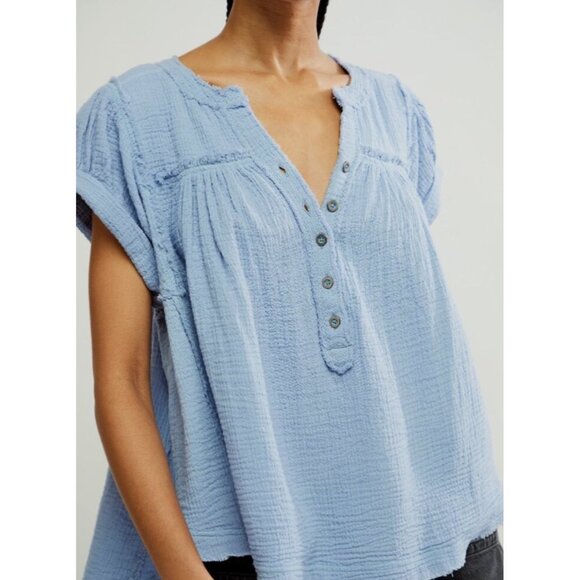 Free People Double Cloth Top Womens Small Blue Gauze Tunic Flowy Bohemian Beach - Picture 15 of 15